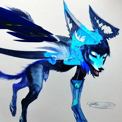 Image similar to concept art of winged wolf neon blue and black, highly detailed painting by dustin nguyen, akihiko yoshida, greg tocchini, 4 k, trending on artstation, 8 k