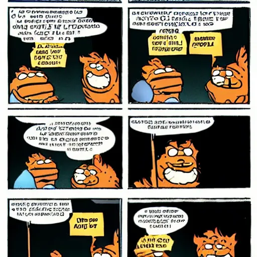 Prompt: a garfield comic, 4 panels, clear text with joke setup and punchline