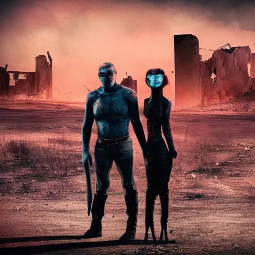 Image similar to a very huge, very big masked mutant man standing next to a very small blonde woman, they are staring at the horizon where there are the ruins of a city, postapocalyptic, mad max style, award winning photograph, over the shoulder, back, behind