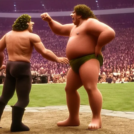 Image similar to shrek vs andre the giant at wrestlemania 8, high definition, 8k