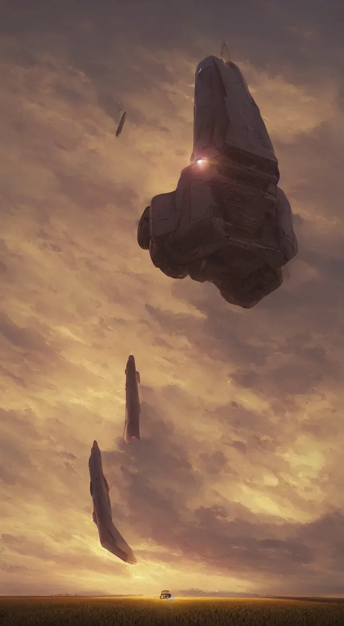 Prompt: wide shot of a tall and thin monolithic spaceship hovering vertically in the air 6 feet above a cornfield, late afternoon, golden hour, highly detailed, smooth, sharp focus, concept art by greg rutkowski and syd mead