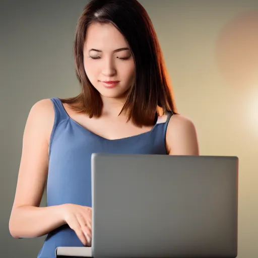 Prompt: beautiful woman, typing on a laptop. Dynamic light, 4k