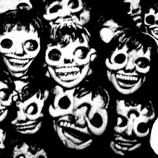 Image similar to audience smiling to the stage, creepy, eyes glowing, vintage, 8 mm, found footage