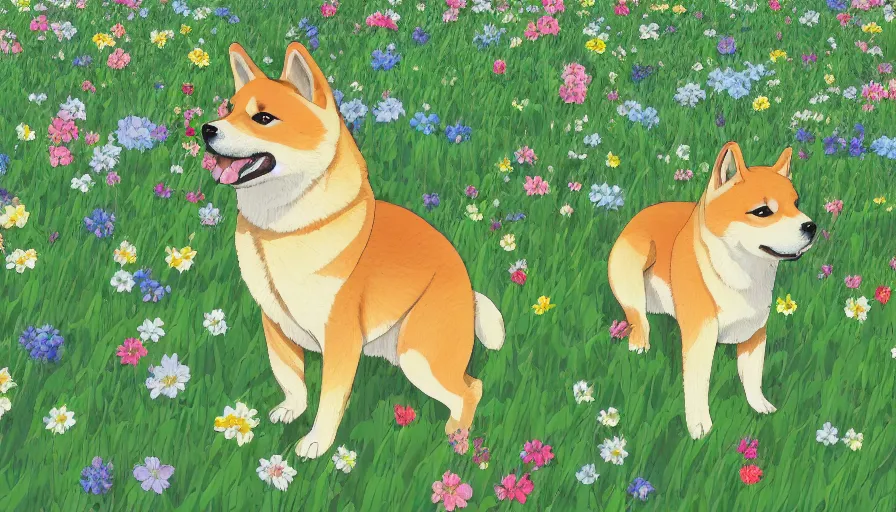 Image similar to a shiba inu standing on a field of flowers, studio ghibli, digital art, illustration, detailed, front page of artstation, sharp focus
