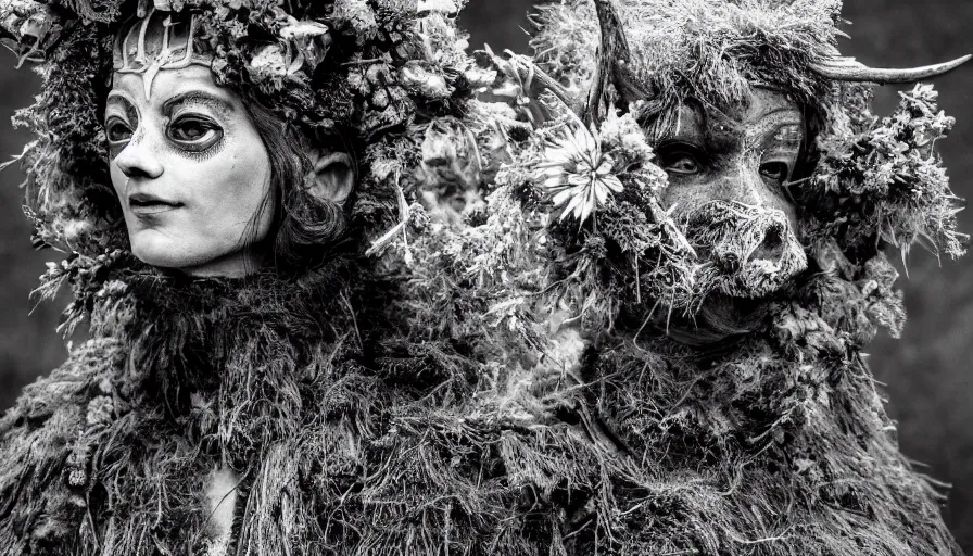 Prompt: portrait of a tyrolean folklore mask, dolomite, forest, wearing hay coat, with horns, eerie, flowers growing out of his body, detailed intricate insanely detailed octane render, 8k artistic 1920s photography, black and white, grainy, photorealistic, chiaroscuro, by David Cronenberg, Raphael, Caravaggio