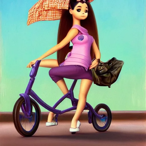 Image similar to ariana grande on a tricycle, lowbrow painting by mark ryden and pixar and hayao miyazaki