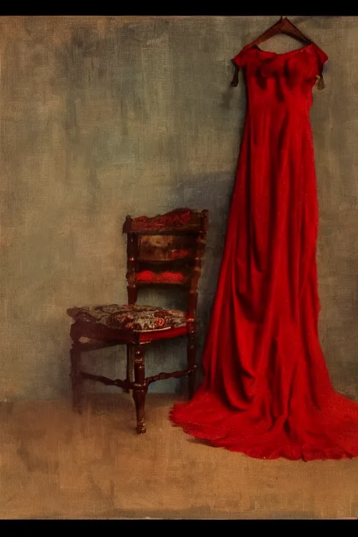 Image similar to an empty red dress laid across a chair in a dark victorian era room. in the style of american impressionism painting. triadic color scheme.