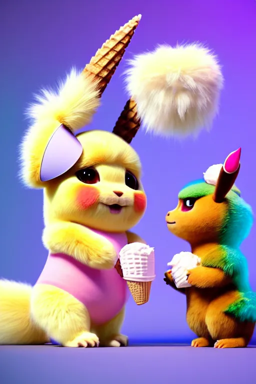 Prompt: high quality 3 d render hyperrealist very cute pastel fluffy! aztec warrior & quetzalcoatl eating giant ice cream, vray smooth, in the style of detective pikachu, hannah yata, very dramatic light, low angle, uhd 8 k, shallow depth or field