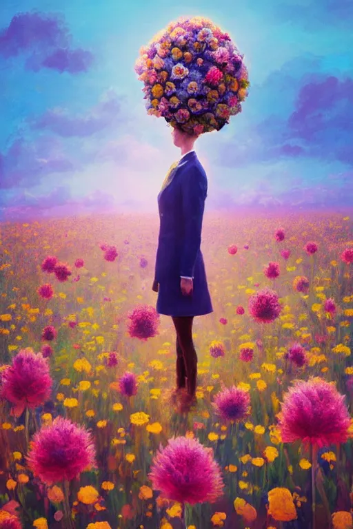 Image similar to closeup, giant flower head, girl in suit standing in a field of flowers, surreal photography, sunrise, blue sky, dramatic light, impressionist painting, digital painting, artstation, simon stalenhag