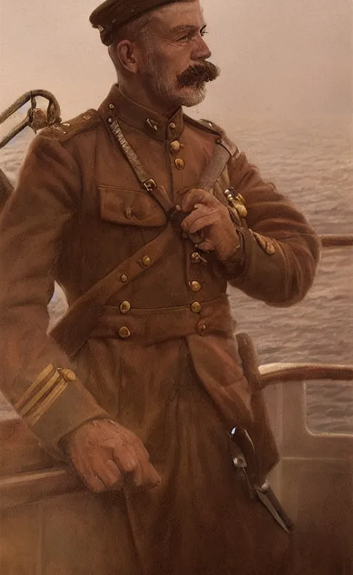 Image similar to Portrait of a WWI captain on the deck of a ship, male, detailed face, 20th century, highly detailed, cinematic lighting, digital art painting by greg rutkowski