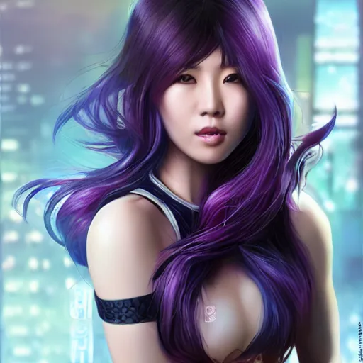 Image similar to photo of a gorgeous asian female with long dark purple hair in the style of stefan kostic, realistic, cyberpunk, body shot, sharp focus, 8 k high definition, insanely detailed, intricate, elegant, art by stanley lau and artgerm, floating embers