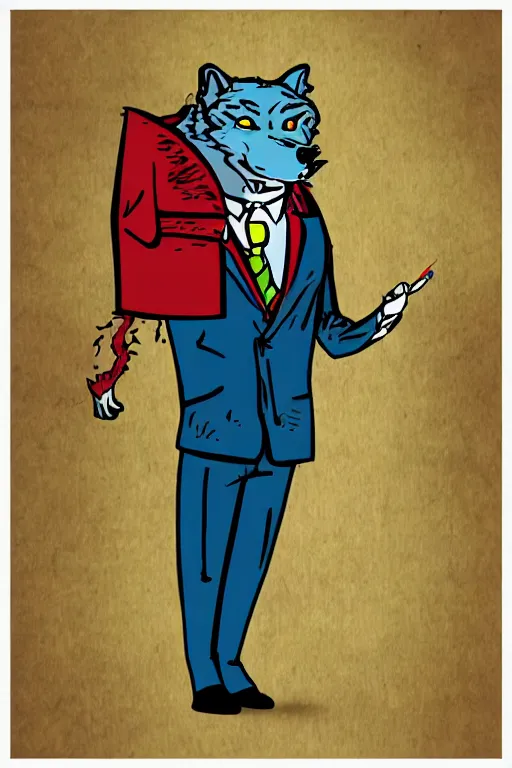 Image similar to the big bad wolf wearing a suit, colorful, sticker,