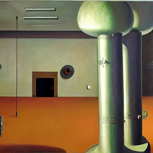 Prompt: power plant reaction chamber, robot repairmen, reactor core, grant wood, pj crook, edward hopper, oil on canvas