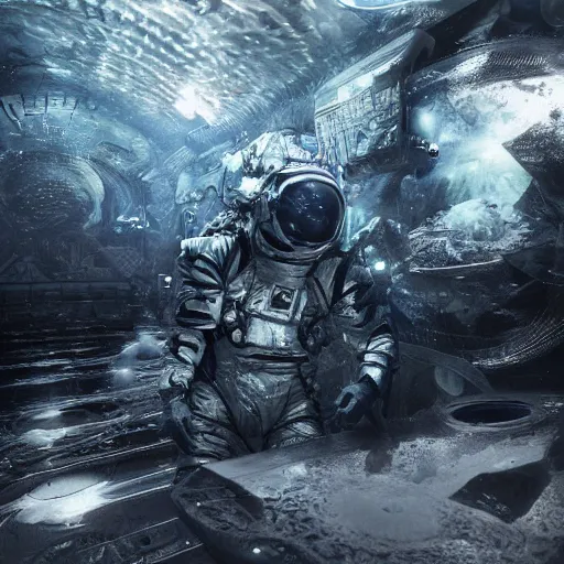 Image similar to concept art by craig mullins astronaut in futuristic dark and empty spaceship underwater. infrared complex and hyperdetailed technical suit. mandelbulb fractal. reflection and dispersion materials. rays and dispersion of light. volumetric light. 5 0 mm, f / 3 2. noise film photo. flash photography. unreal engine 4, octane render. interstellar movie art