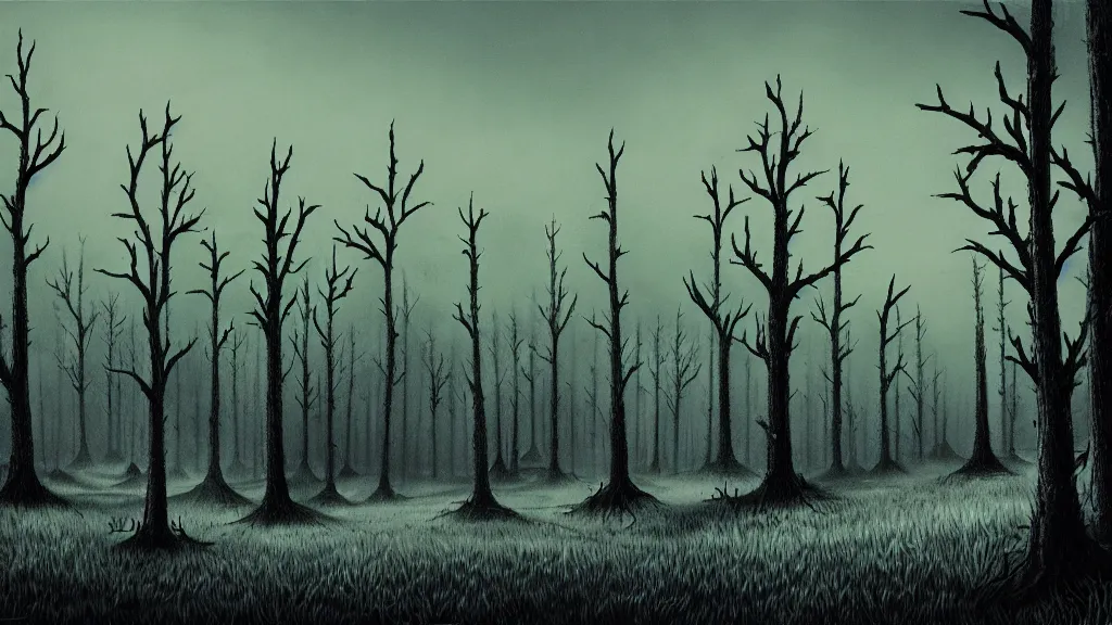 Image similar to folk horror illustration of the place with the dead pines, 8k resolution artwork, horror art, eerie, creepy, trending on artstation, painting, elaborate excellent painted illustration, smooth, sharp focus