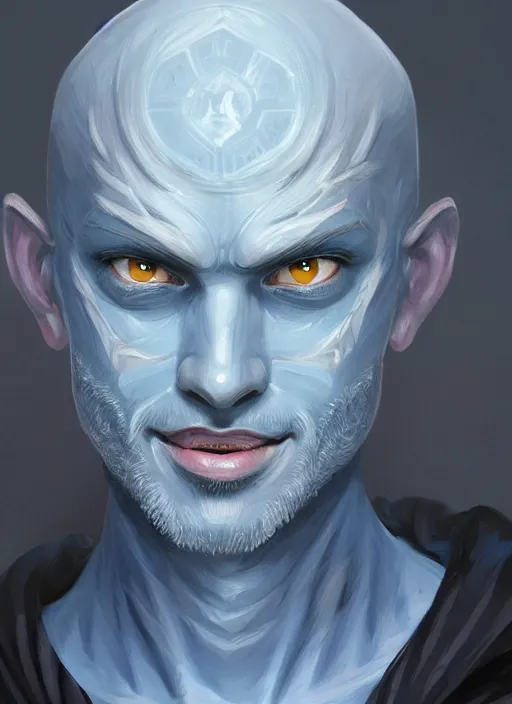 Prompt: head-on symmetrical centered painted portrait, a smiling bald androgynous man with completely blue skin in his twenties as a D&D wizard, fantasy, intricate, elegant, highly detailed, digital painting, smooth, sharp focus, illustration, artstation, in the style of Artgerm and Anna Podedworna and Charlie Bowater and Michael Garmash, clean shaven, smooth skin