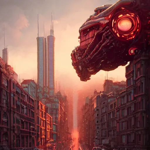 Image similar to detailed intricate digital illustration by greg rutkowski and artgerm and wlop and sanford robinson gifford ; terrifying monster robot looms over city intersection ; 1 3 mm film, arri alfa anamorphic lens ; sharp focus ; golden hour, trending on artstation 8 k