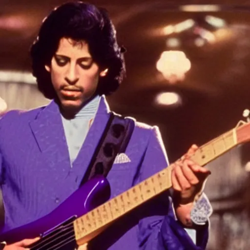 Image similar to screenshot of prince charles playing guitar in the movie purple rain