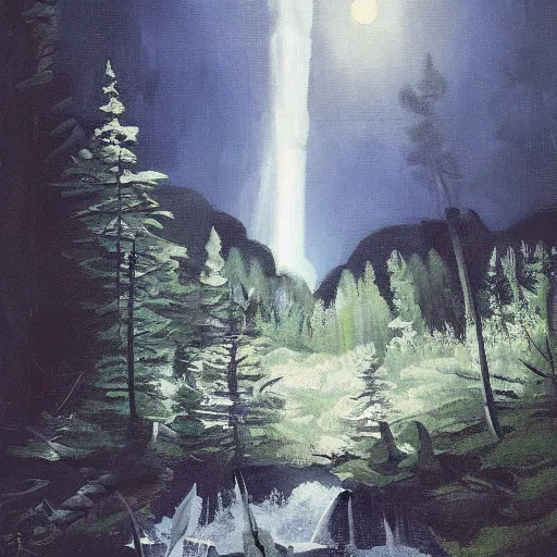 Prompt: Wolfcreek forest at night, Waterfall, moonlight, Greg Rutkowski, Pablo Picasso, hyperrealism