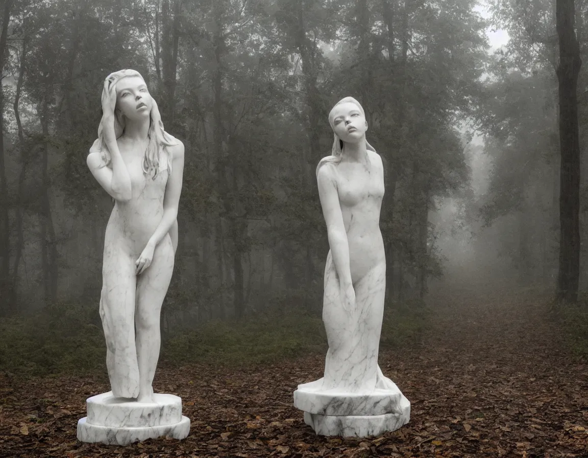 Prompt: abandoned marble sculpture of anya taylor joy in a foggy forest at dawn, gloomy, photography