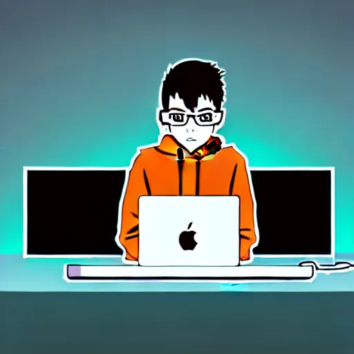 Image similar to a smart teenager boy with a black hoodie sitting behind his laptop and programming, digital art, anime style