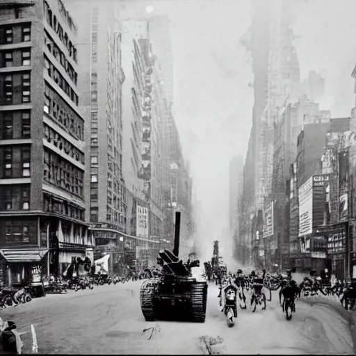 Image similar to old black and white photo, 1 9 1 3, depicting a giant biomechanical alien monster kaiju robot fighting tanks through the bustling streets of new york city, historical record