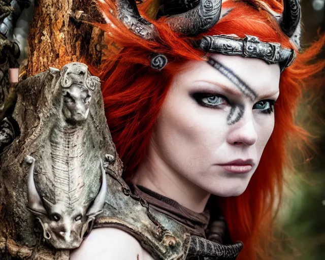 Image similar to 5 5 mm portrait photo of an armored gorgeous anesthetic redhead woman warrior with a face tattoo and horns growing from her head, in a magical forest in the style of stefan kostic, art by luis royo. highly detailed 8 k. intricate. lifelike. soft light. nikon d 8 5 0. cinematic post - processing