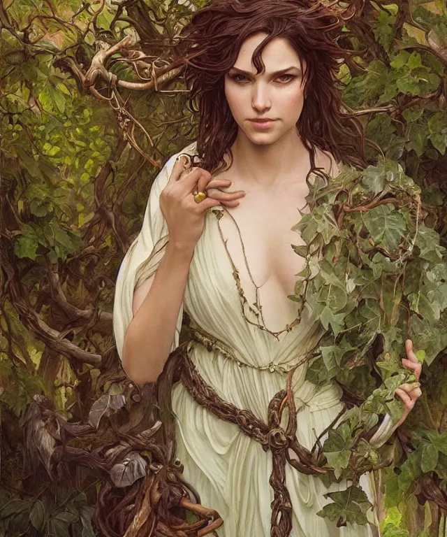 Prompt: a woman druid wearing leaf and vine themed clothing, fully clothed, pet animal, D&D, fantasy, intricate, cinematic lighting, highly detailed, digital painting, artstation, concept art, smooth, sharp focus, illustration, art by Artgerm and Greg Rutkowski and Alphonse Mucha