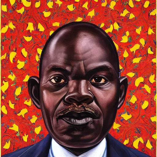Image similar to a painting of a wide forehead, round face, XXL , smirky, fatherly, loving, caring, generous, ever-present, humble, wise elder from Kenya in a suit by Kehinde Wiley . Fatherly/daddy, focused, loving, leader, relaxed,. ethereal lights, details, smooth, sharp focus, illustration, realistic, cinematic, artstation, award winning, rgb , unreal engine, octane render, cinematic light, macro, depth of field, blur, red light and clouds from the back, highly detailed epic cinematic concept art CG render made in Maya, Blender and Photoshop, octane render, excellent composition, dynamic dramatic cinematic lighting, aesthetic, very inspirational, arthouse.