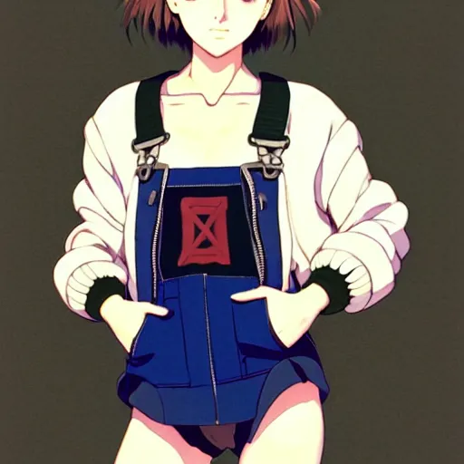 Image similar to a beautiful! boyish! natalie portman alluring gravure! model, wearing oversized mayan bomber jacket and leotard with overalls, bulky poofy bomber jacket with mayan patterns, gapmoe yandere grimdark, trending on pixiv fanbox, painted by greg rutkowski makoto shinkai takashi takeuchi studio ghibli, akihiko yoshida