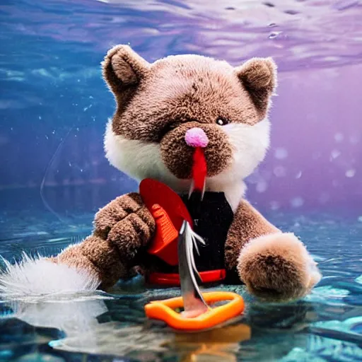 Prompt: furry cute animal toy holding a knife under water