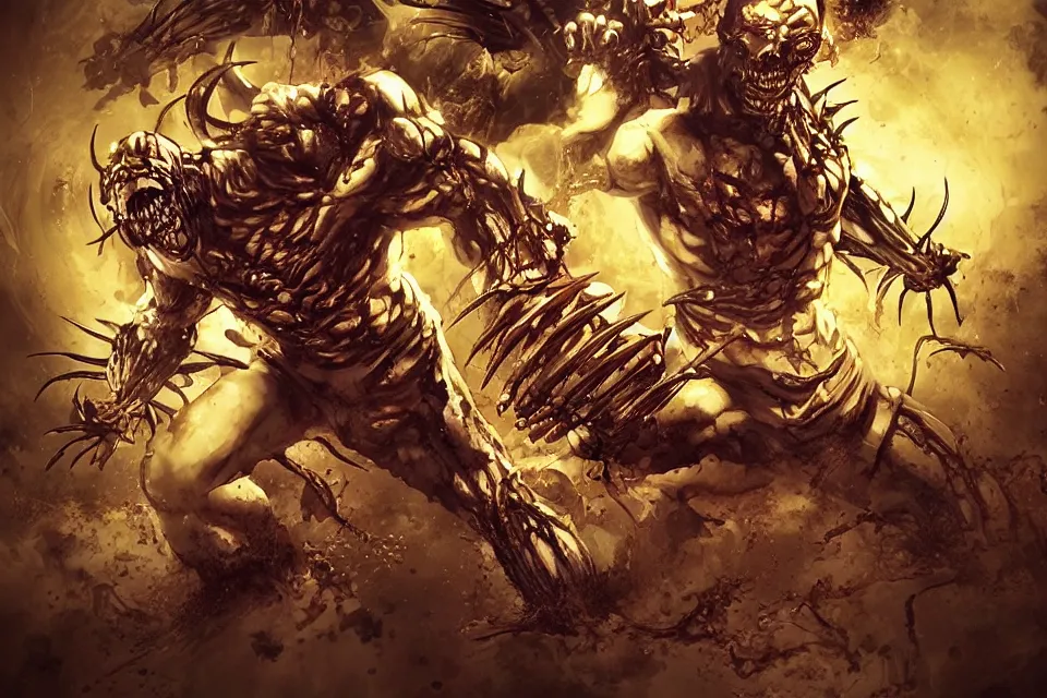 Prompt: Terada Katsuya ArtGerm Style Zombie Wolverine Battles Biomechanical Juggernaut in Hell, beautiful aesthetic, photorealistic, volumetric lighting, hyperrealistic, octane render, HDR, Production IG Studios Anime Style
