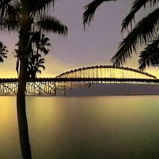 Image similar to blue hour, mostly cloudy sky, palm trees, bridge, curved bridge, dusk, oceanfront bridge, 2 4 0 p footage, 2 0 0 6 youtube video, 2 0 0 6 photograph, grainy low quality photograph, home video