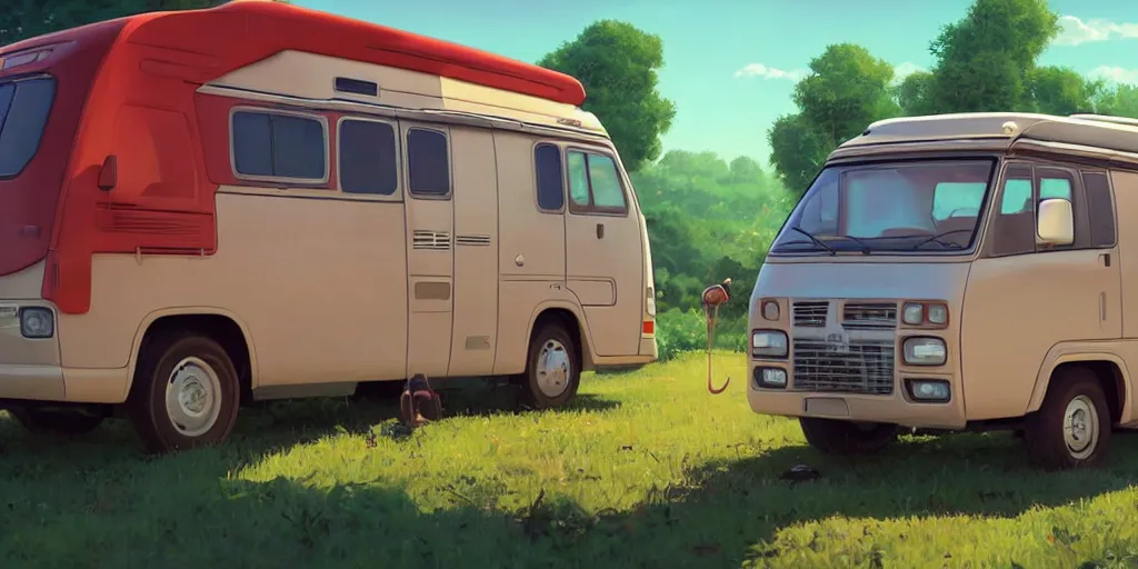 Image similar to a wholesome animation key shot of one!! focused!! 1 9 9 4 fiat hymer!! motorhome in the! romanian! countryside, medium shot, studio ghibli, ( pixar ) and disney animation, sharp, very detailed, high resolution, rendered in unreal engine 5, anime key art by greg rutkowski, bloom, dramatic lighting