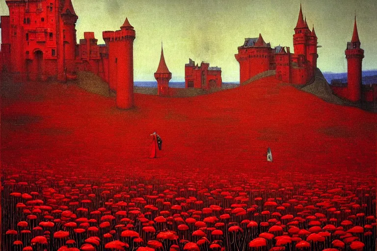 Image similar to only with red, red flowers of different types, a red tiger, a castle in the background, medieval demons dance over the flowers, an ancient path, in the style of beksinski, part by hopper, part by rodcenko, part by hofbauer, intricate composition, red by caravaggio, insanely quality, highly detailed, masterpiece, red light, artstation