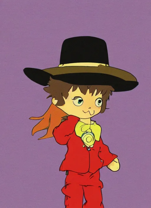 Prompt: ponyo at night dressed as a cowboy