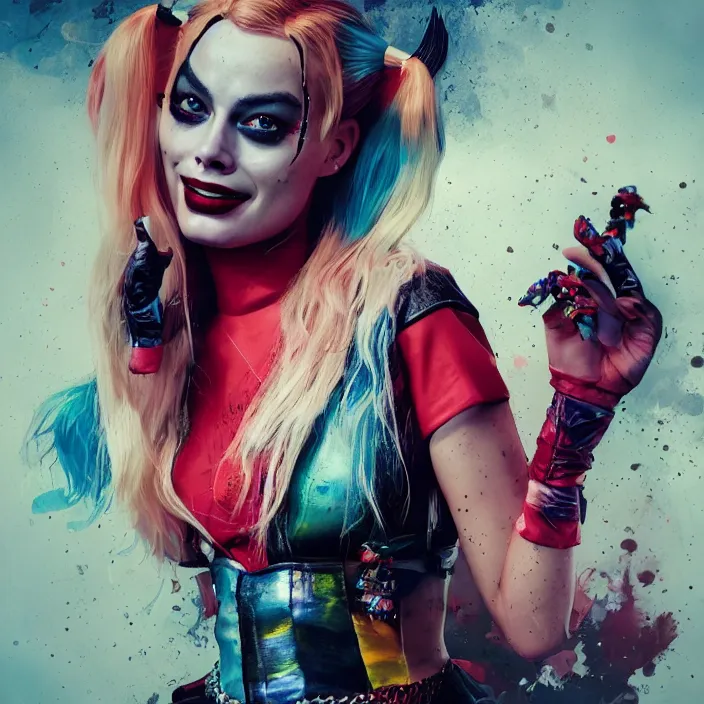 Image similar to portrait of Margot Robbie as a harley quinn. intricate abstract. intricate artwork. by Tooth Wu, wlop, beeple, dan mumford. octane render, trending on artstation, greg rutkowski very coherent symmetrical artwork. cinematic, hyper realism, high detail, octane render, 8k, iridescent accents