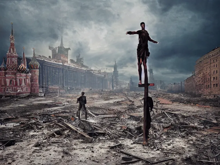 Image similar to postapocalyptic picture of a crucified man in moscow, red square, destroyed kremlin, ruins around, nuclear explosion, erik johansson style, conceptual art, the last day on the earth, insane detail hyper realistic 8 k textured