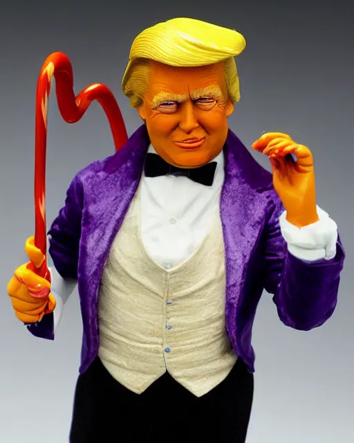 Prompt: maquette sculpture of donald trump as willy wonka, he is wearing a victorian era purple jacket and pants, and a velvet purple top hat over his long orange hair. he is holding a candy cane colored cane. his skin is an orange color like an oompa loompa. in the style of sideshow collectibles, highly detailed sculpture