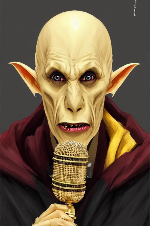 Prompt: stylish nosferatu with a golden chain microphone in his hand and a hip hop cap, d & d, fantasy, portrait, highly detailed, headshot, digital painting, trending on artstation, concept art, sharp focus, illustration, art by artgerm and greg rutkowski and magali villeneuve