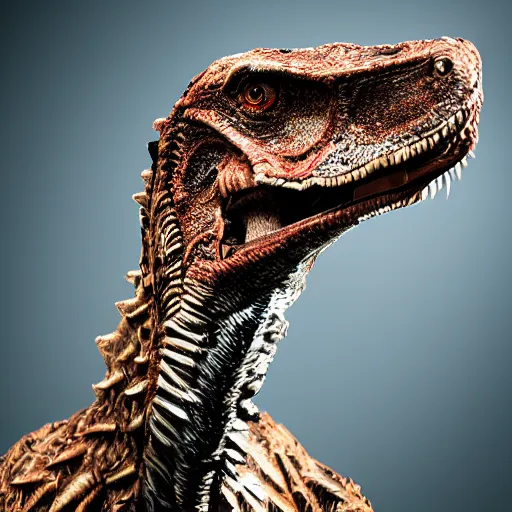 Image similar to head and shoulders of velociraptor in style of Dave Hill Photograph