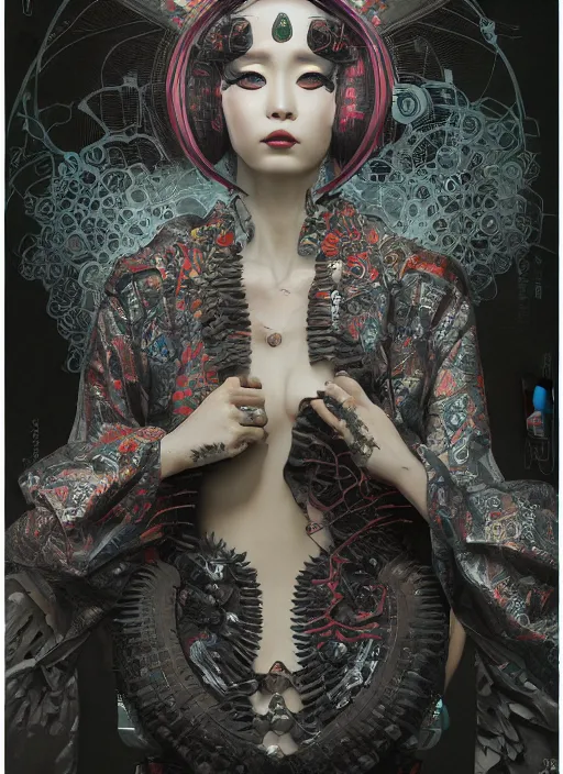 Image similar to portrait of a seductive cyberpunk geisha, yakuza, modern fine art, fractal, in the style of ghosts in the machine, intricate ornaments, elegant, highly detailed, digital photography, subsurface scattering, by mc escher and greg rutkowski,