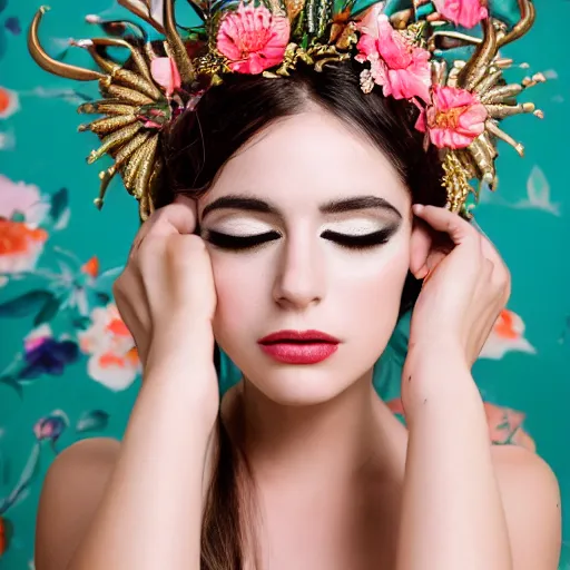 Image similar to a creative portrait of a beautiful female model, beauty shot, horn headpiece, floral painted backdrop, photography, creative makeup, female character, canon eos r 3, f / 1. 4, iso 2 0 0, 1 / 1 6 0 s, 8 k, raw, unedited, symmetrical balance, in - frame