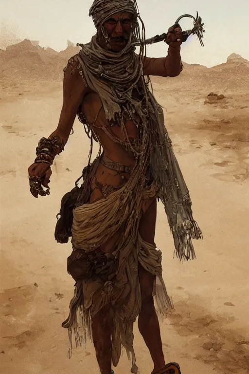 Image similar to a full body portrait of a beautiful post apocalyptic offworld desert bedouin blind retrofuturistic barbarian leper begging by the roadside, intricate, elegant, highly detailed, digital painting, artstation, concept art, smooth, sharp focus, illustration, art by krenz cushart and artem demura and alphonse mucha