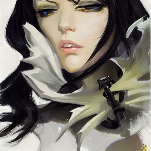 Image similar to greg manchess portrait painting of albedo from nazarick with dark long hair and white horns and wings as overwatch character, medium shot, asymmetrical, profile picture, organic painting, sunny day, matte painting, bold shapes, hard edges, street art, trending on artstation, by huang guangjian and gil elvgren and sachin teng