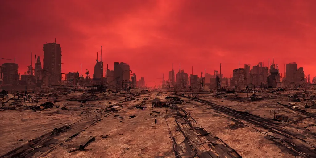 Image similar to post apocalyptic city with burning red sky