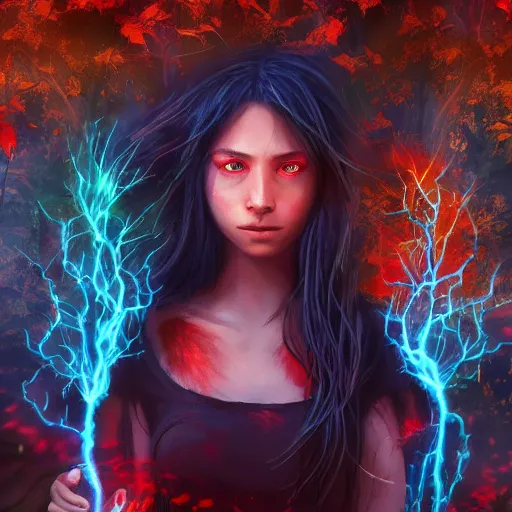 Image similar to magical astonishing dark forest is protected by an indigenous girl with a red-sleeved T-shirt using jeans, her hair glows on fire as she protects the forest with her fire powers, and her eyes are pure fire. trending on artstation, splash art hyper-detailed, 4K