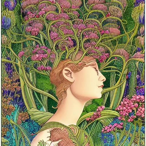 Image similar to an illustration of a beautiful garden forming the face of a beautiful goddess, painted by moebius and james jean