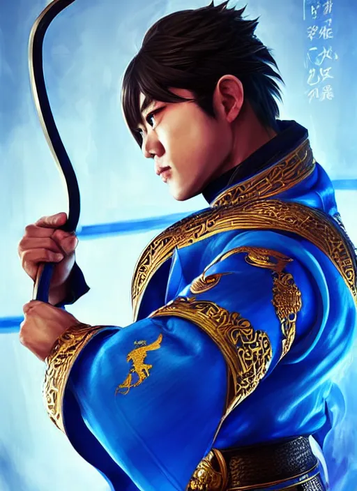 Prompt: male martial artist with a high ponytail, holding a sabre!!! asian facial features and blue eyes!! intricate ornate blue robes!! character concept art, sharp focus, octane render! unreal engine 5! highly rendered!! trending on artstation!! detailed linework!! illustration by artgerm, wlop, and chie yoshii