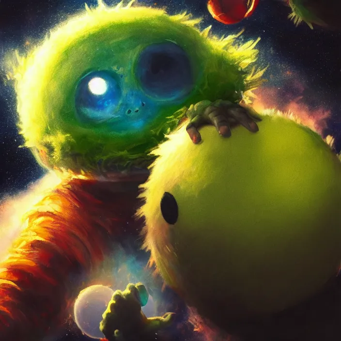 Image similar to cinematic portrait of a cute tennis ball monster in the abyss of space, chalk, masterpiece, trending on artstation, featured on pixiv, cinematic composition, dramatic pose, beautiful lighting, sharp details, hyper-detailed, HD, HDR, 4K, 8K, art by Basil Gogos